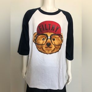 Filthy Dipped White & Navy Baseball Tee with Bear wearing glasses and hat design